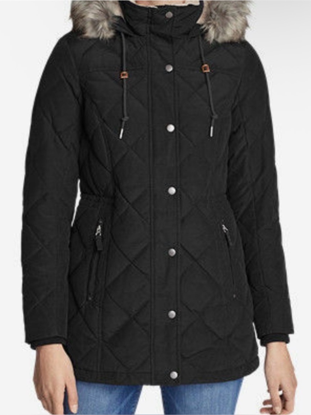 Eddie Bauer Lanely Down Parka Coat Black Faux Fur Hood Women’s Large NWT